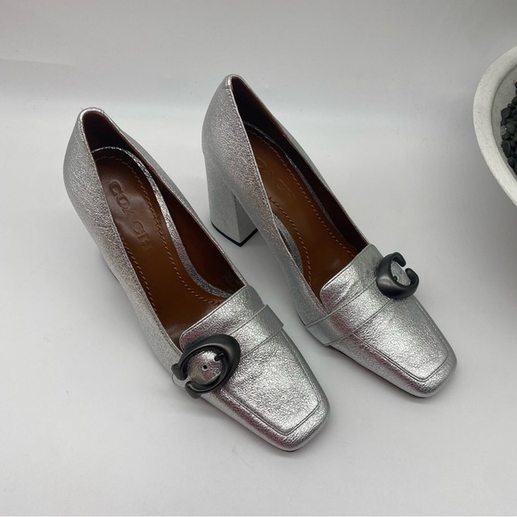 COACH 85 mm Jade Pump metallic Silver square toes loafers size 5.5B in Box EUC - Picture 9 of 9